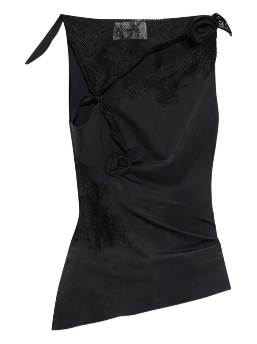 Coperni Lace-Embellished Black Top With Floral Embroidery