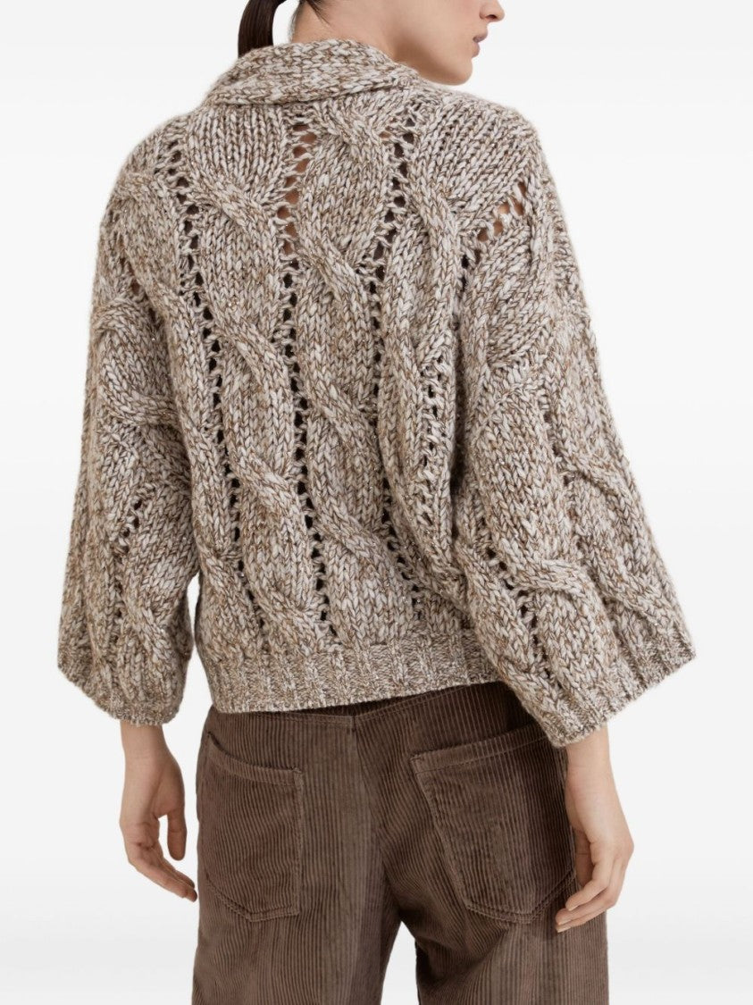 Brunello Cucinelli Chunky Knit Sweater With Deep V-Neckline And Cable Design