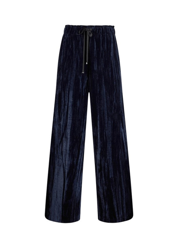 Liu Jo Velvet Navy Blue Wide-Leg Trousers With Elastic Waistband