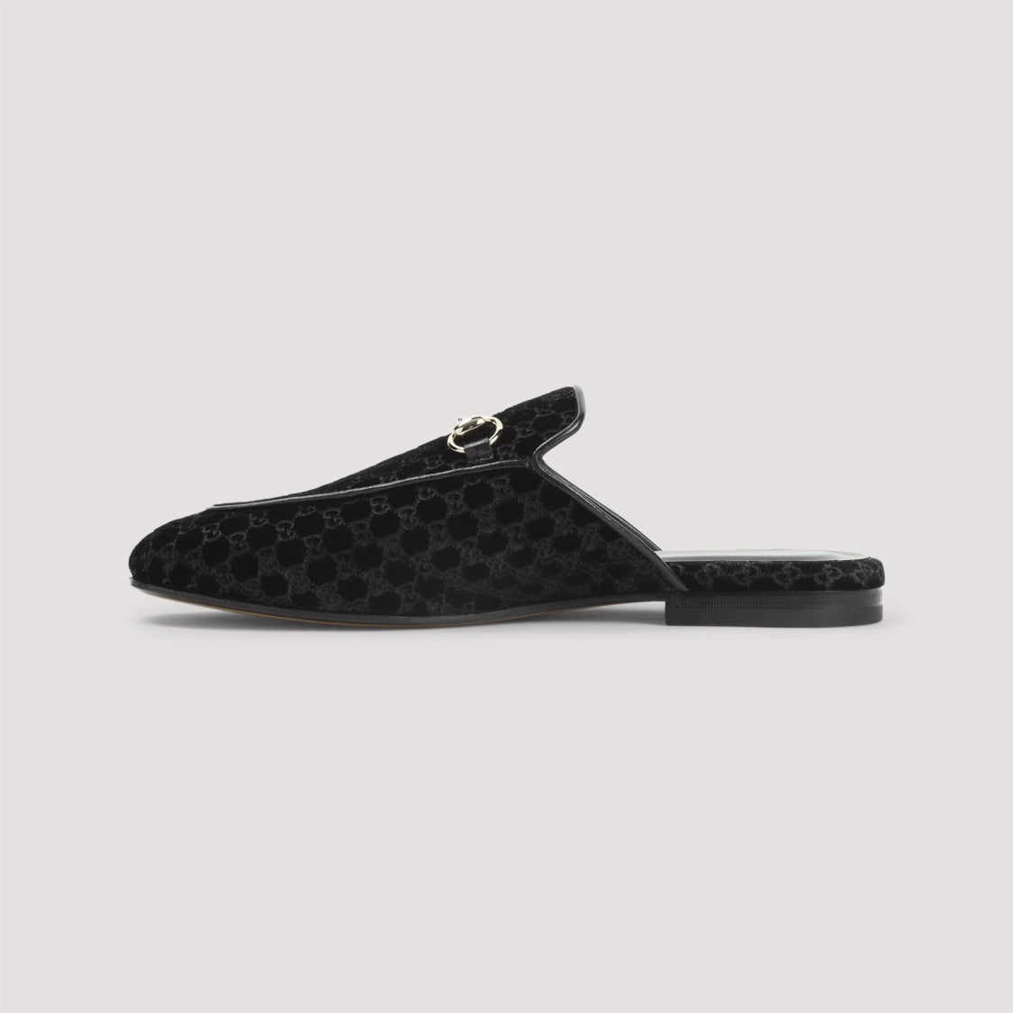Gucci Leather And Velvet Black Slippers With Embossed Detailing