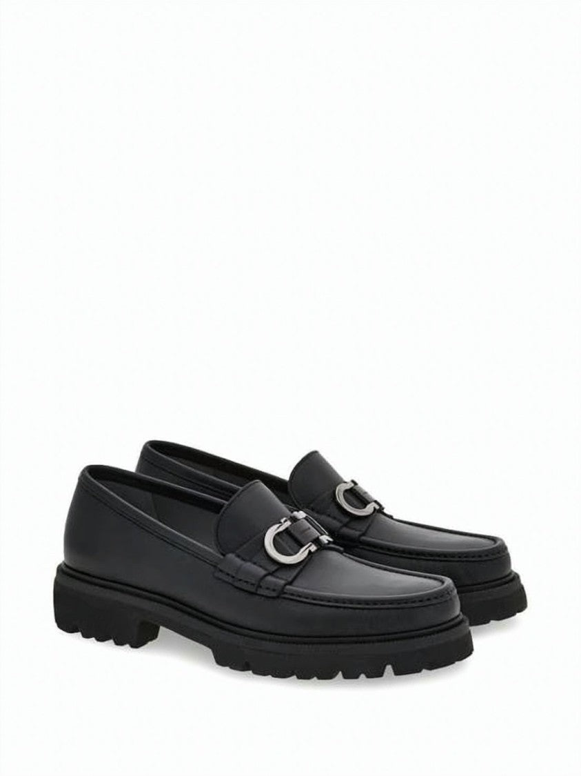 Salvatore Ferragamo Black Calf Leather Loafers With Silver Metal Detail