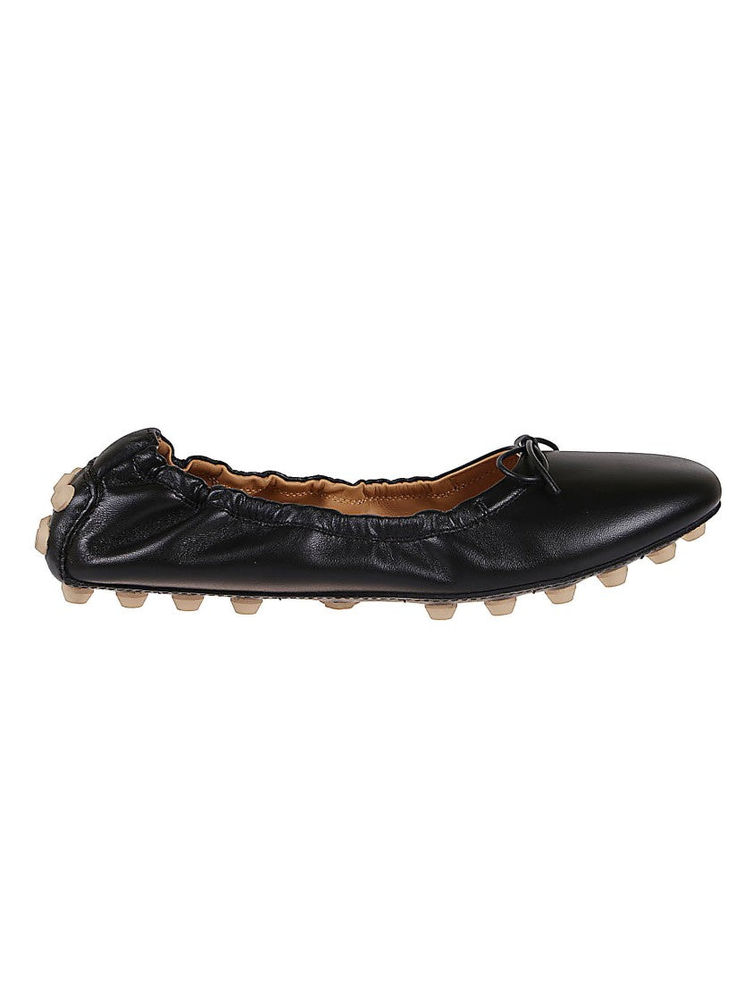 Tod's Black Leather Ballet Flats With Gathered Elasticized Trim