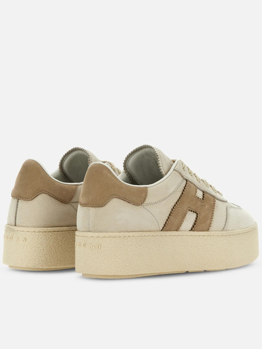 Hogan Beige Leather Platform Sneakers With Suede Accents And Iconic Logo
