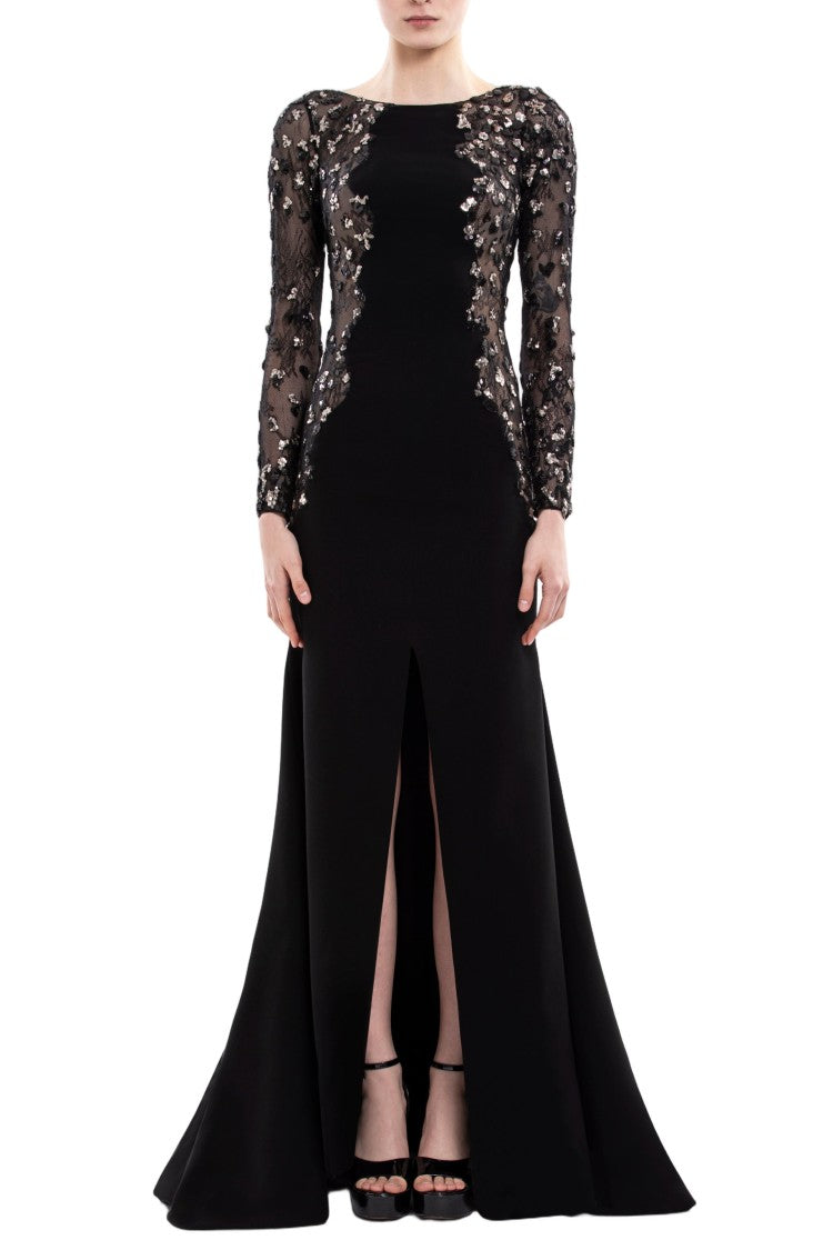 Saiid Kobeisy Embellished Crepe Long Dress With Sheer Sleeves And Sequined Detail