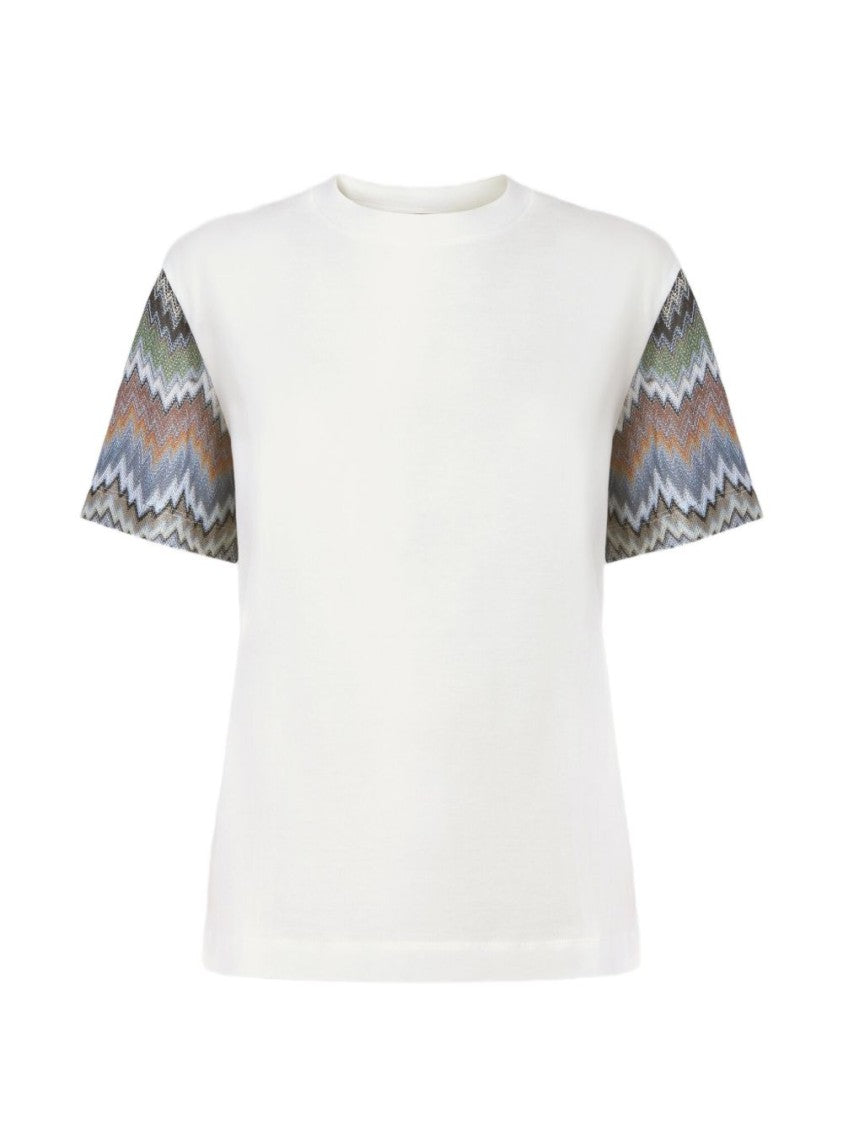 Missoni Short-Sleeved Top With Multicolored Zigzag Knit Sleeves