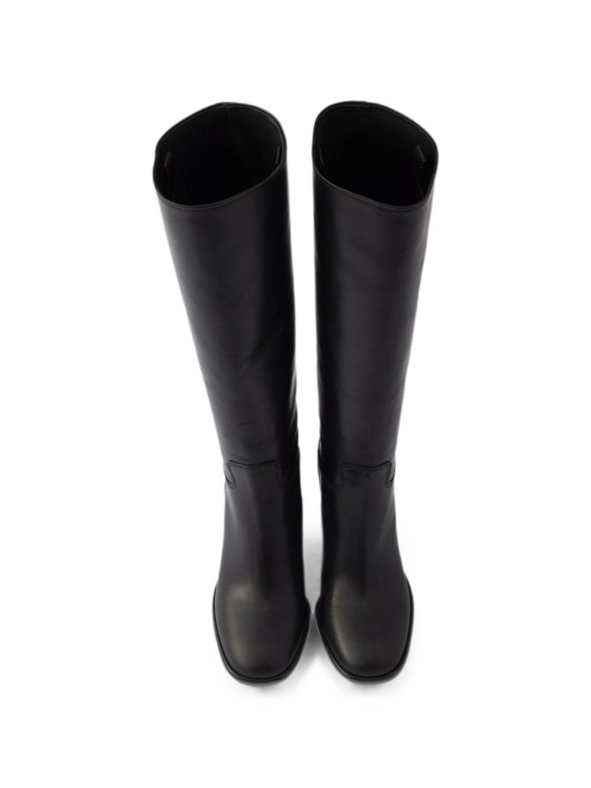 Prada Black Gold Logo Block Heel Leather Boots