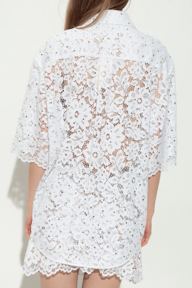 Michael Kors Lace-Detail Short Sleeve Button-Down Shirt