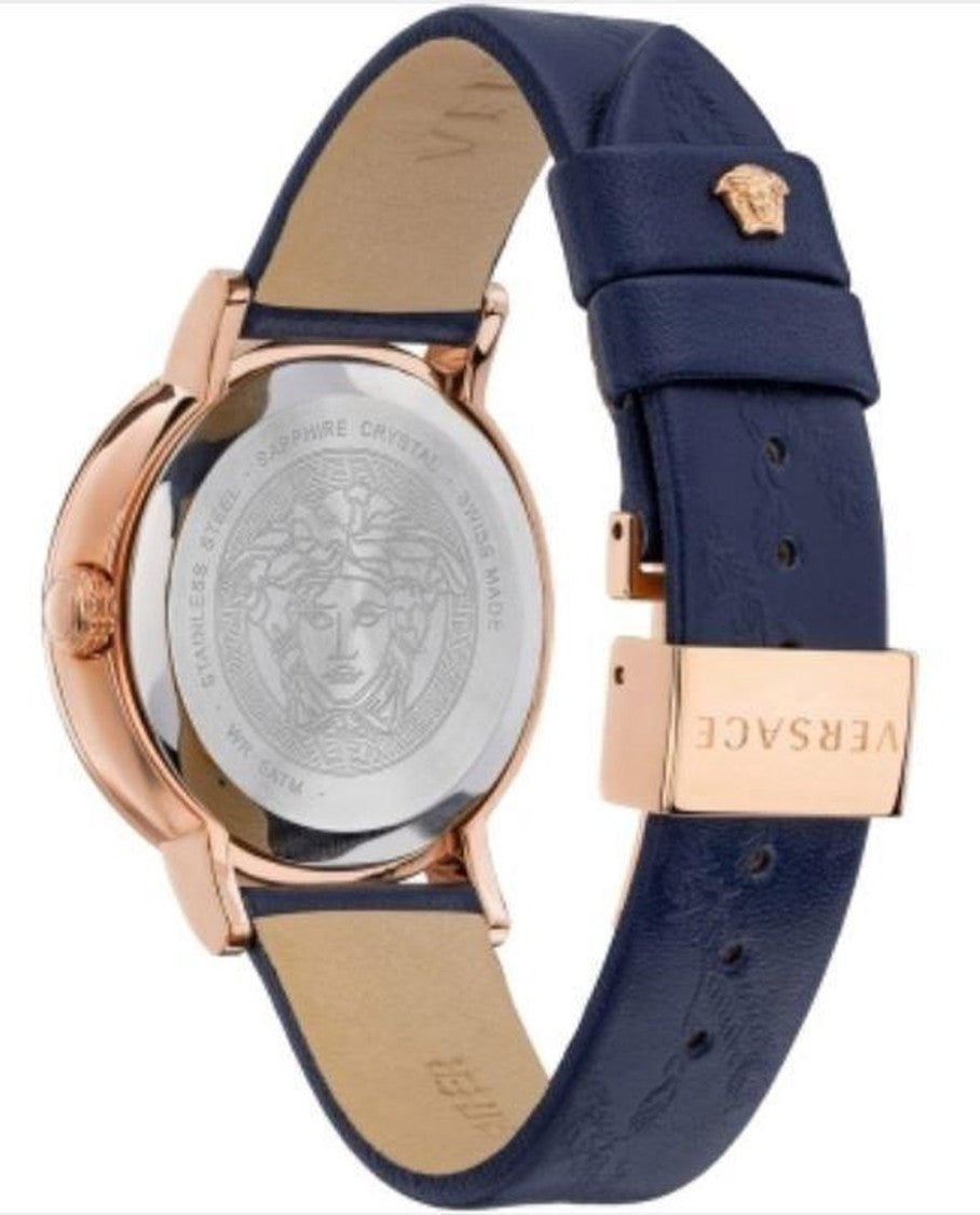 Versace Rose-Gold Tone Stainless Steel Watch With Blue Dial And Leather Strap