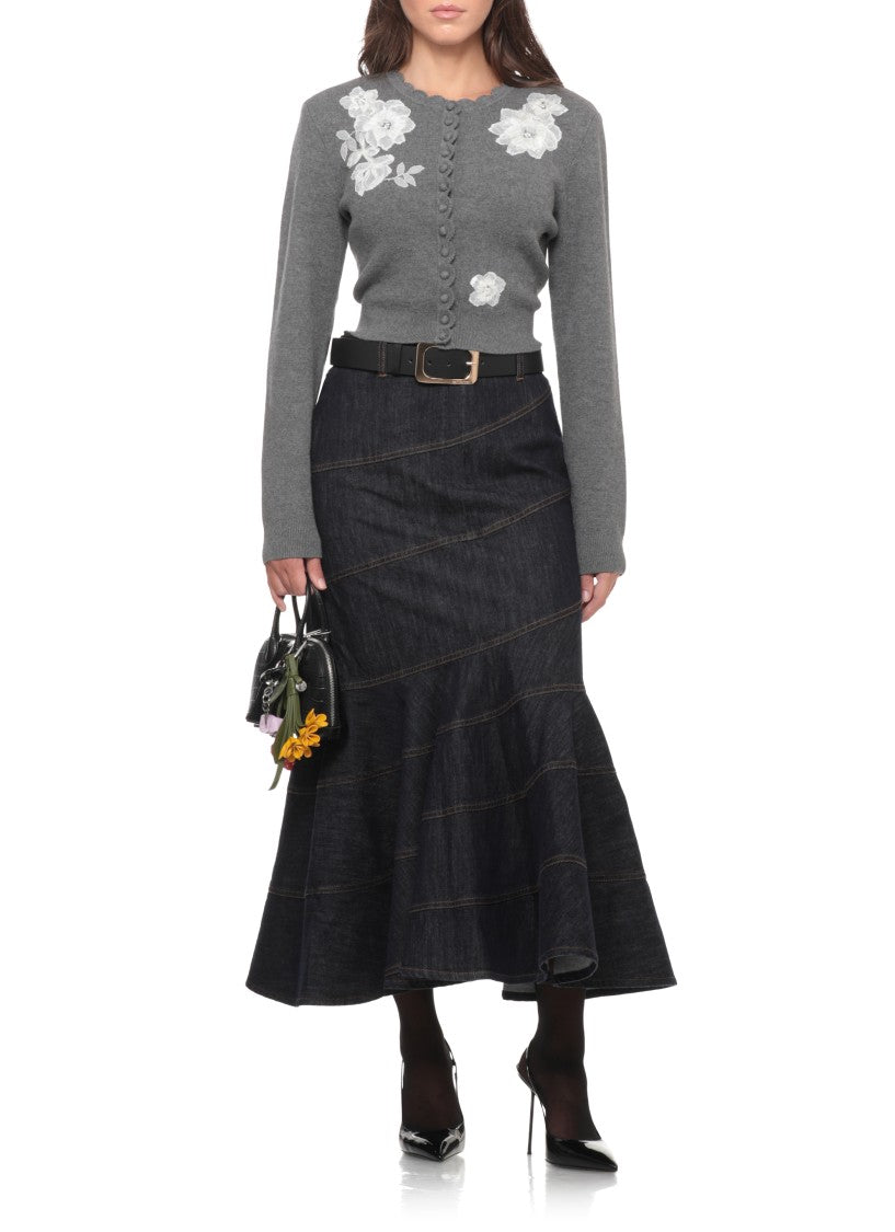 Self-Portrait Cropped Knit Cardigan With Floral Appliqués And Padded Shoulders