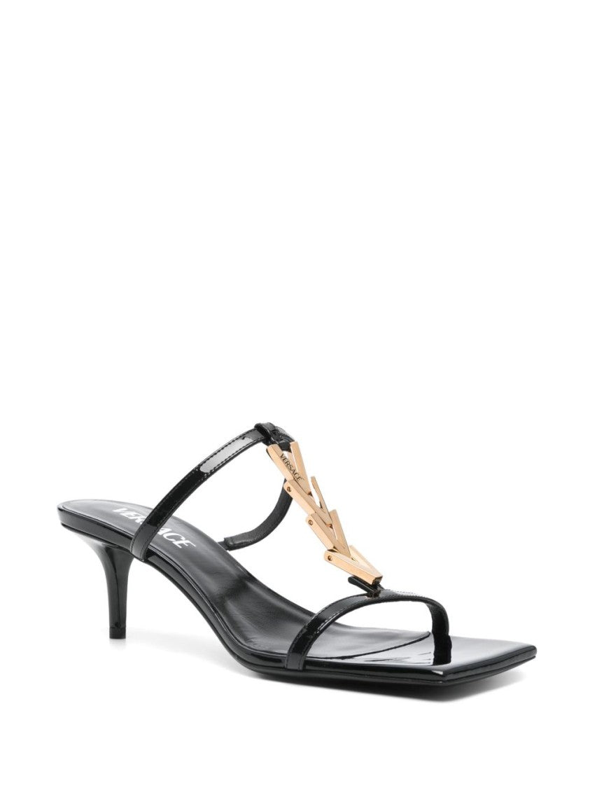 Versace Black Mid Heel Leather Sole Sandals