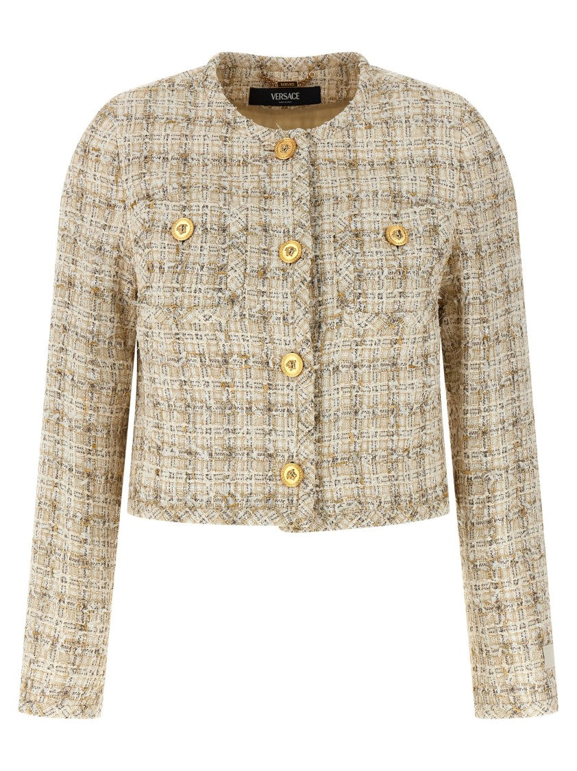 Versace Textured Tweed Cardigan With Medusa Button Closure