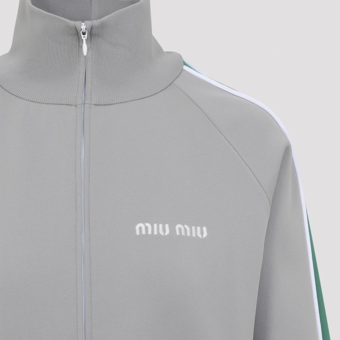 Miu Miu High Collar Light Grey Jacket With Multicolor Stripes