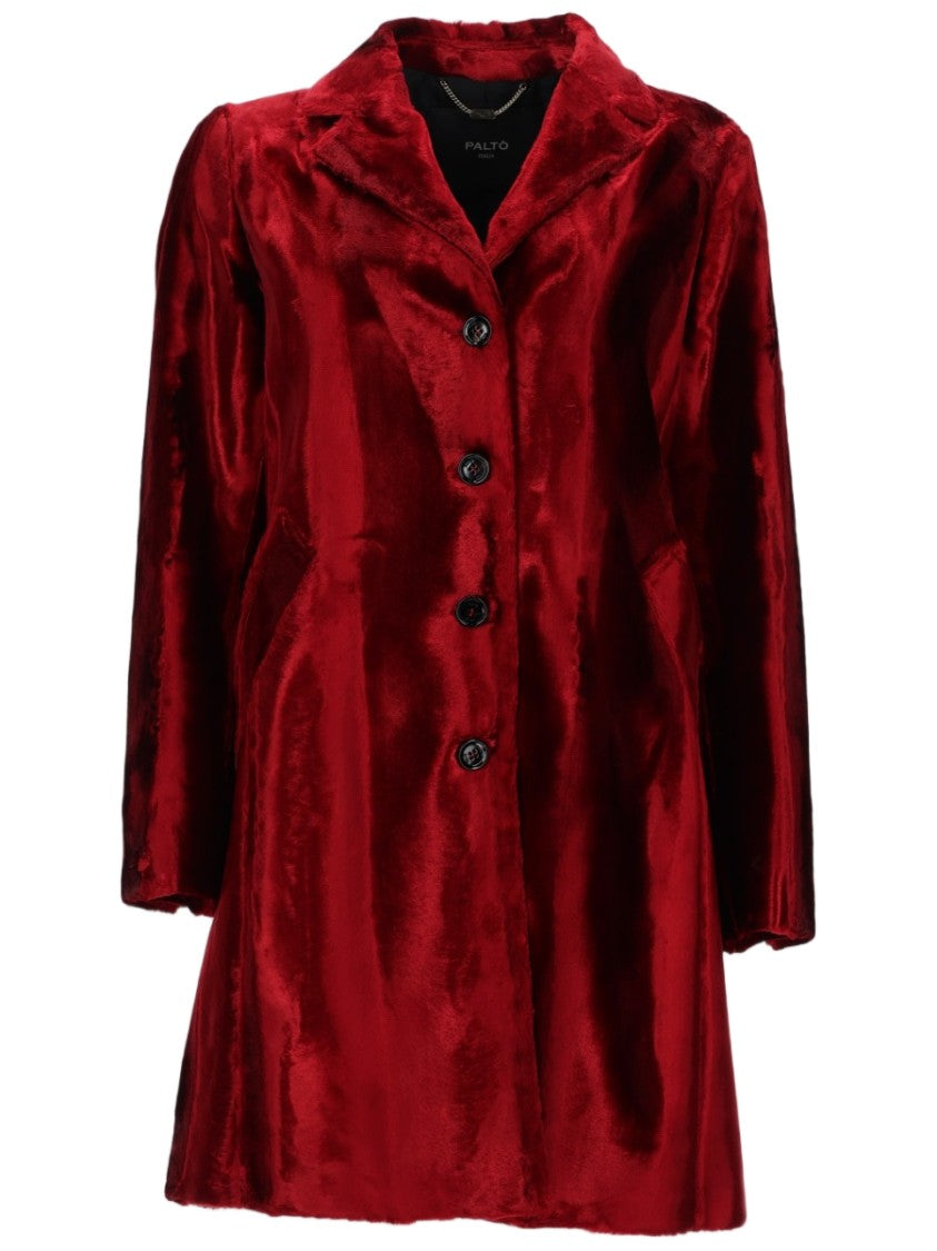 Paltò Deep Red Velvet Coat With Tailored Silhouette
