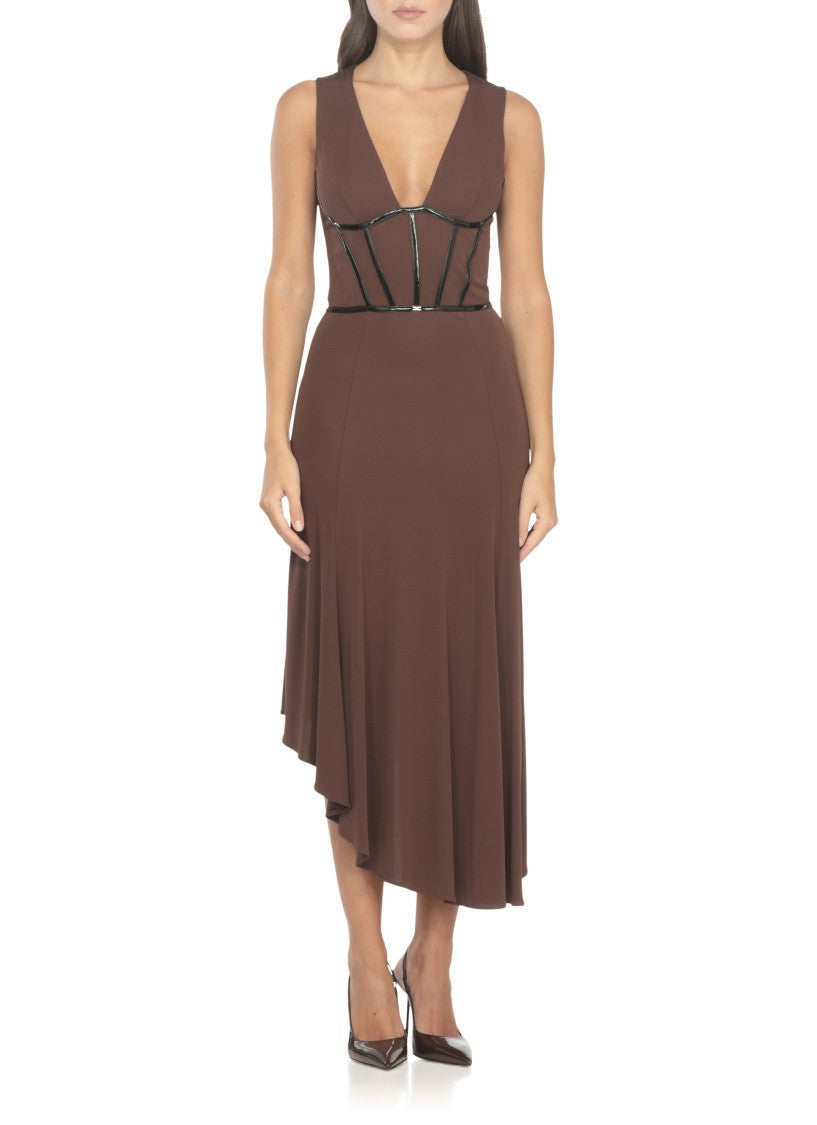 Elisabetta Franchi Asymmetrical Midi Dress With Glossy Piping