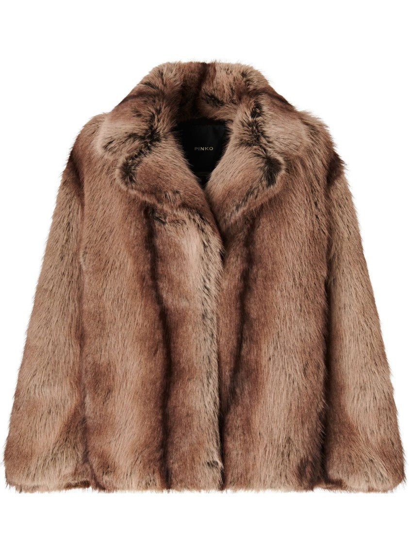 Pinko Plush Brown Fur Coat With Classic Collar