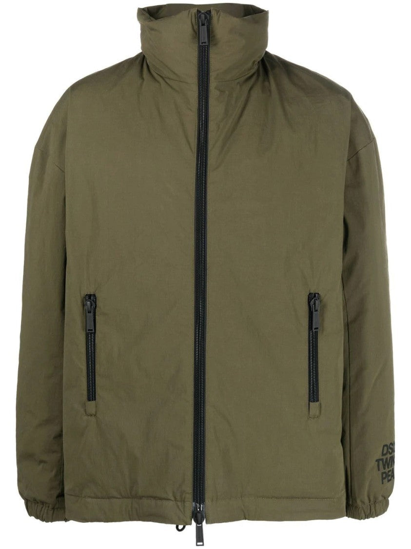 Dsquared2 Olive Green Bomber Jacket With High Collar And Zip Pockets