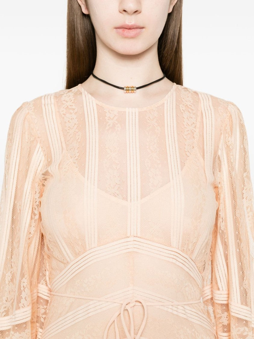 Twin-Set Pink Striped Lace Ruffle Hem Maxi Dress