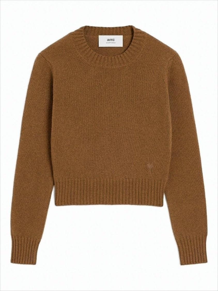 Ami Cropped Brown Cashmere Blend Sweater With Heart Detail