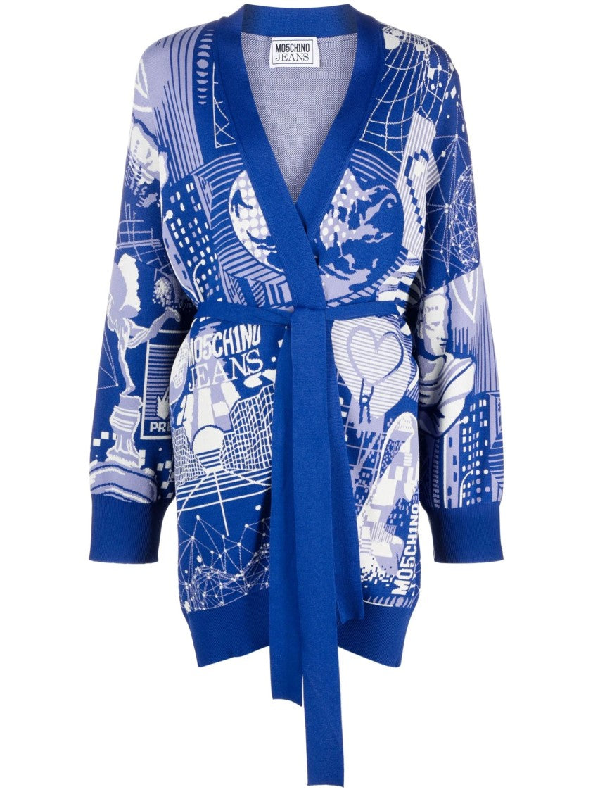 Moschino Blue Graphic Print Tie Belt Viscose-Blend Cardigan