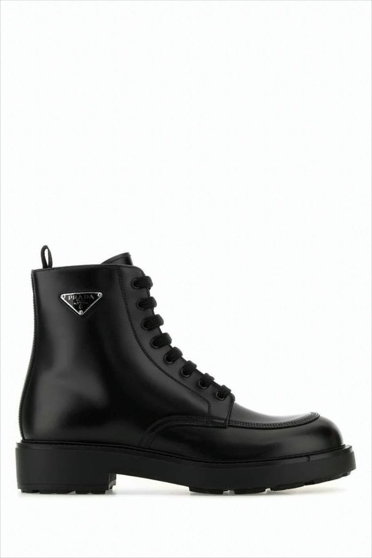Prada Lace-Up Black Leather Ankle Boots With Minimalist Design