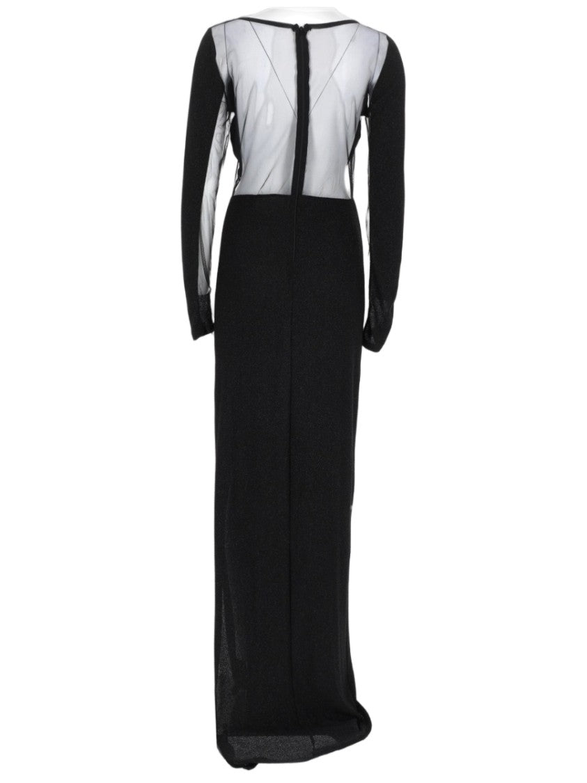 Joshe Long Black Dress With Sheer Mesh Panels