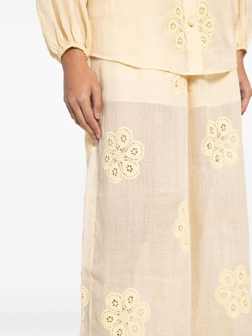 Zimmermann Acadian Floral-Embroidered Ramie Trousers