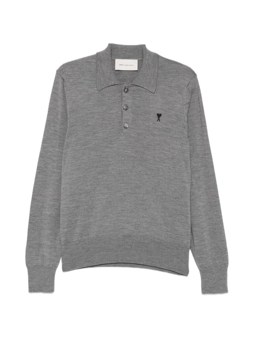 Ami Paris Medium Grey Long-Sleeve Polo Shirt With Classic Collar