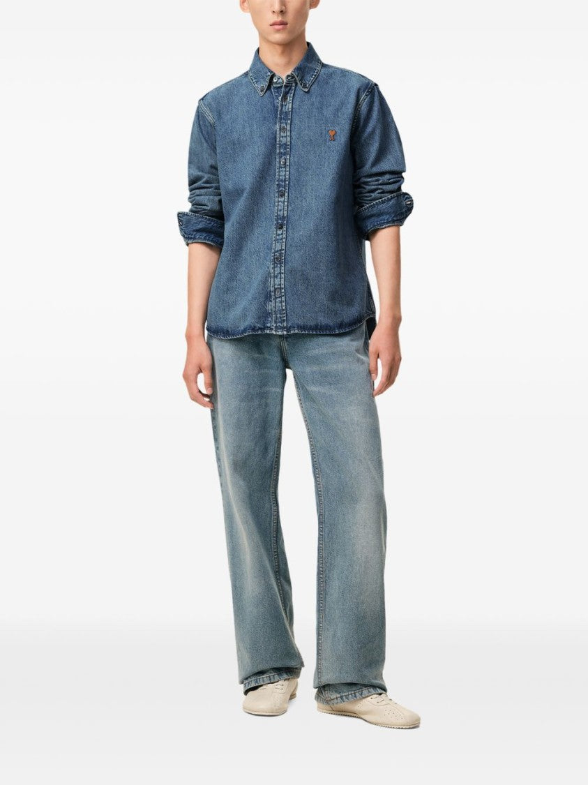 Ami Paris Button-Down Denim Shirt With Subtle Fading