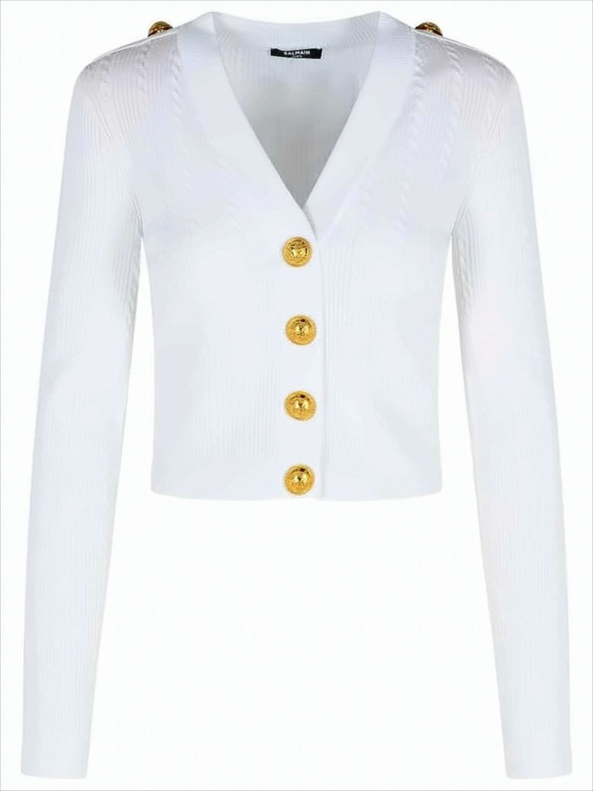 Balmain Cropped Textured Knit Cardigan With Gold-Tone Buttons