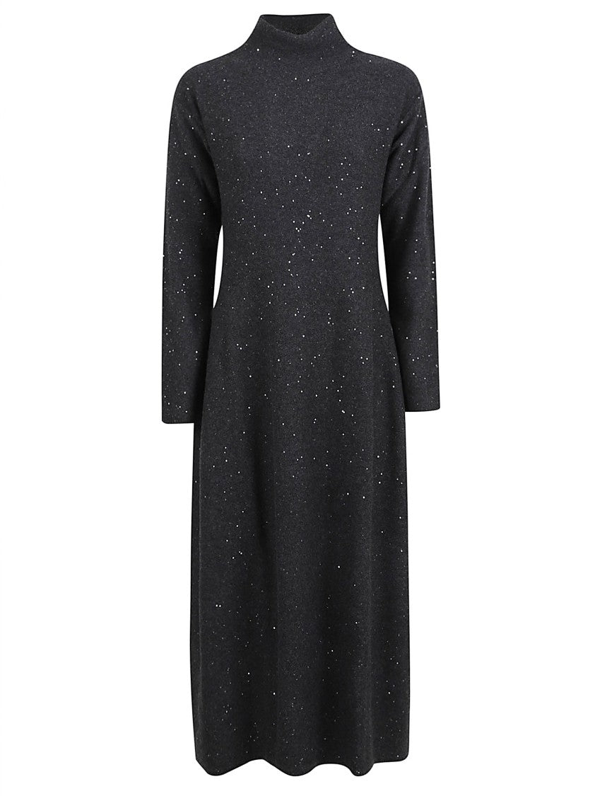 Antonelli Mid-Length Black Dress With High Neckline And Sequined Detail