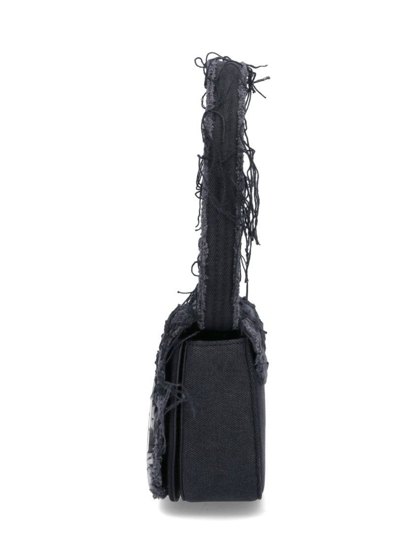 Diesel Quilted Black Cotton Shoulder Bag With Fringe And Rhinestone Details