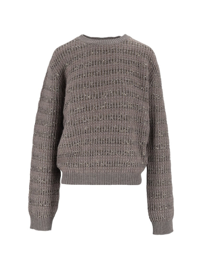 Fabiana Filippi Falcon Platinum Mohair Sequin Striped Crewneck Sweater