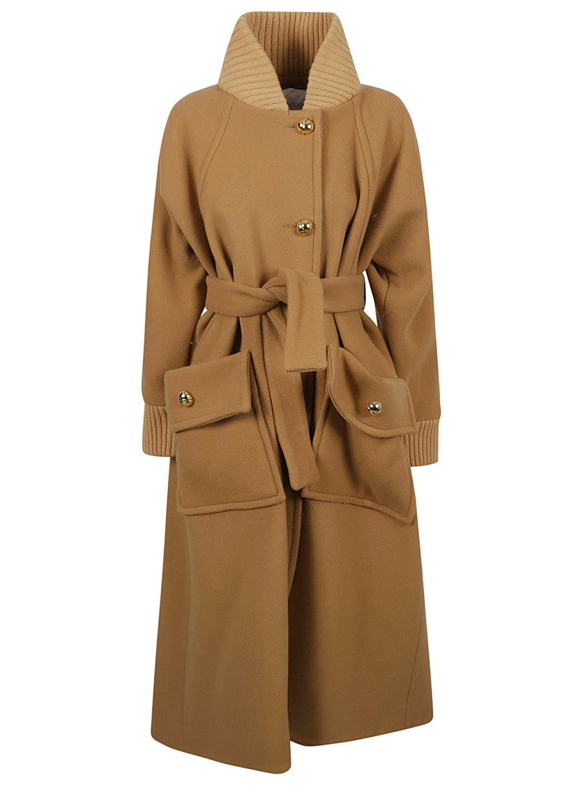 Patou Long Belted Coat With High Ribbed Collar