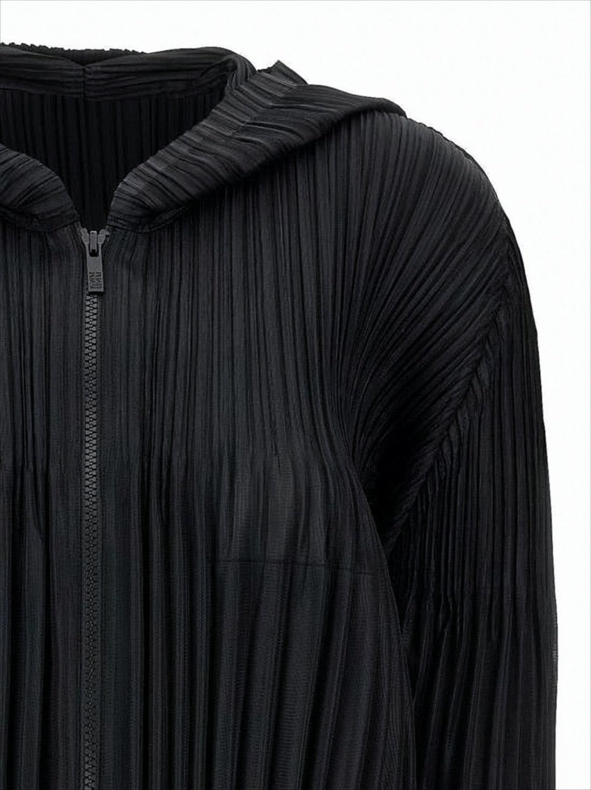 Pleats Please Pleated Texture Black Jacket With Hood
