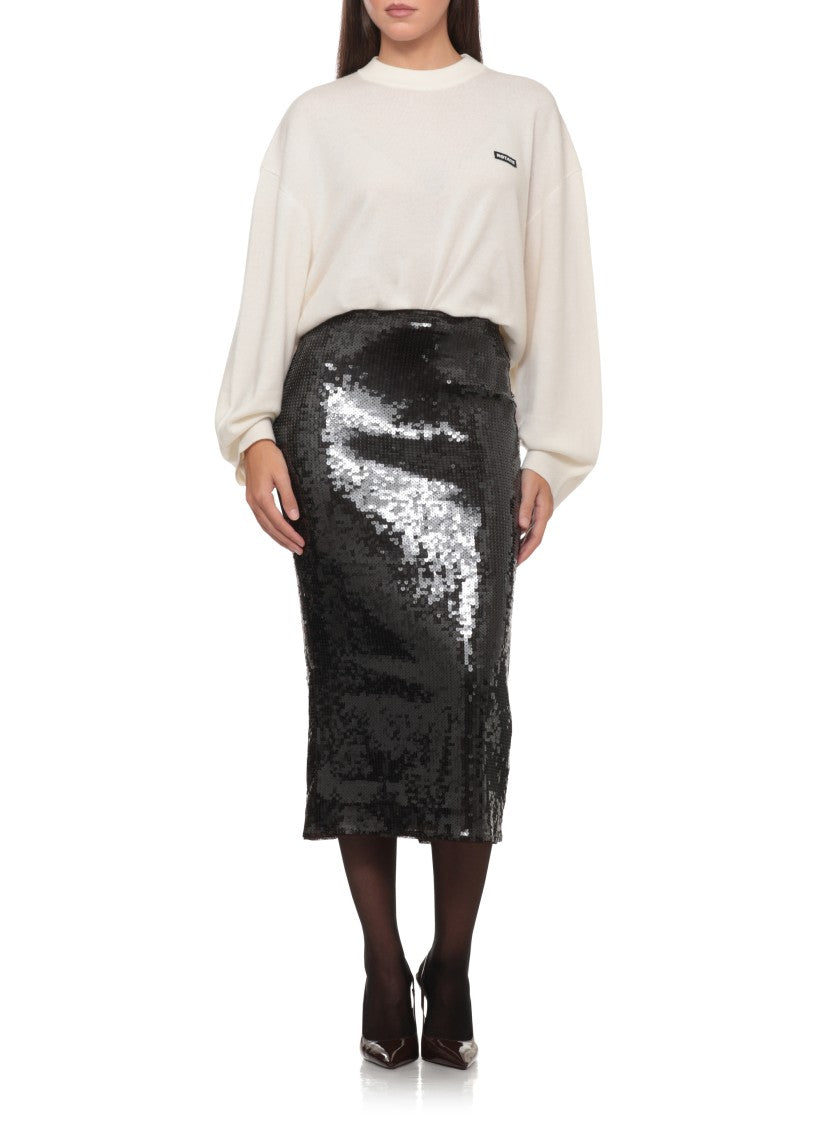 Rotate White Round-Neck Ribbed Wool Sweater
