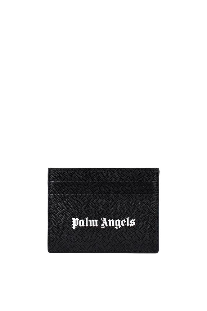 Palm Angels Black Grained Leather Card Holder With Logo