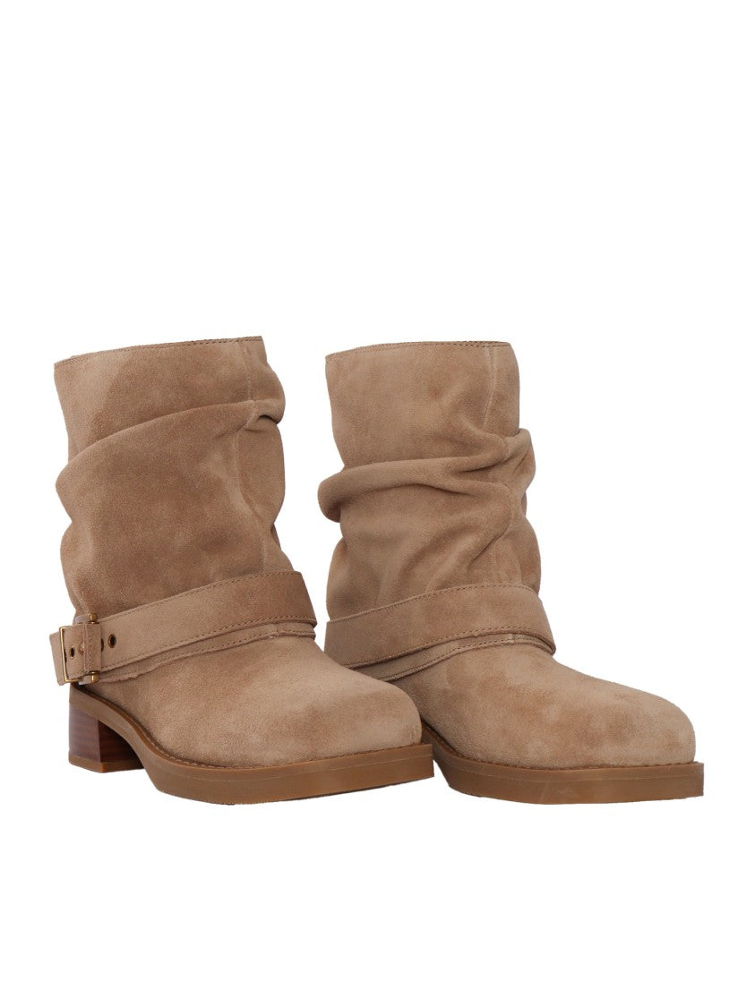 Michael Kors Brown Suede Slouchy Ankle Booties With Decorative Buckle