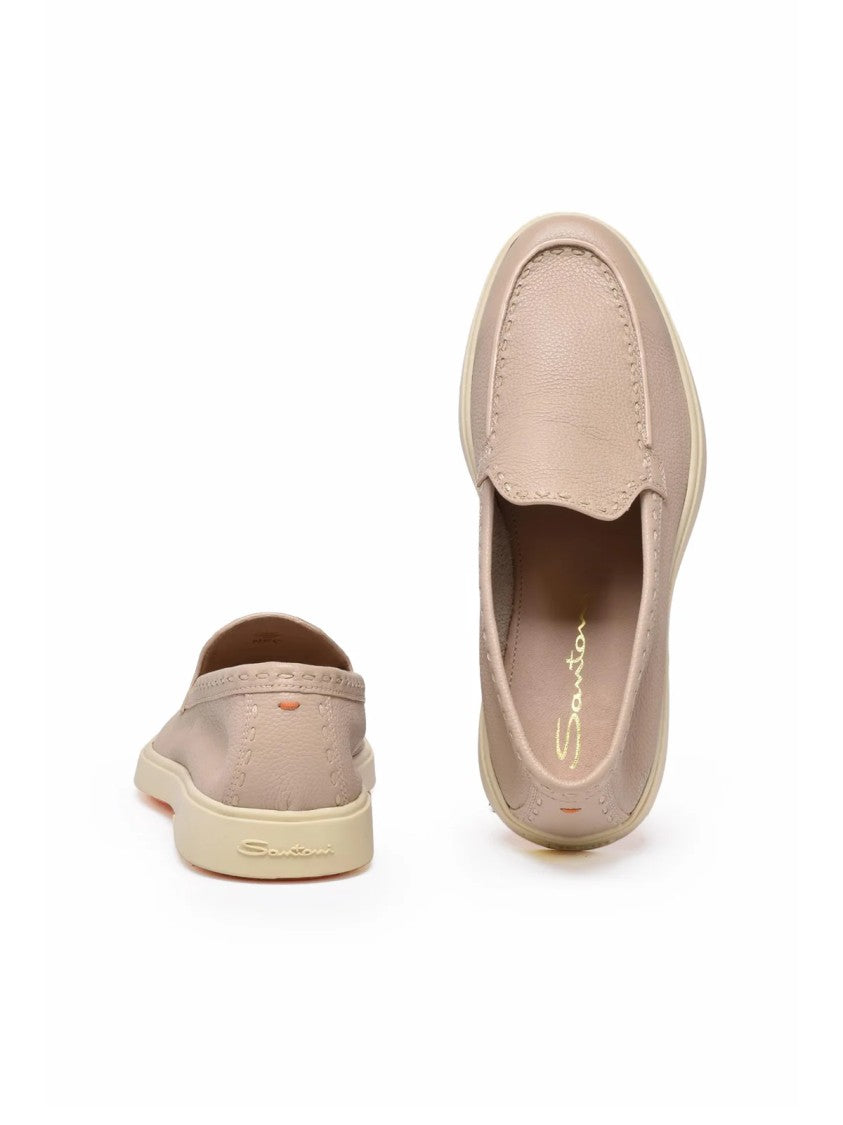 Santoni Cream Leather Hammered Loafers