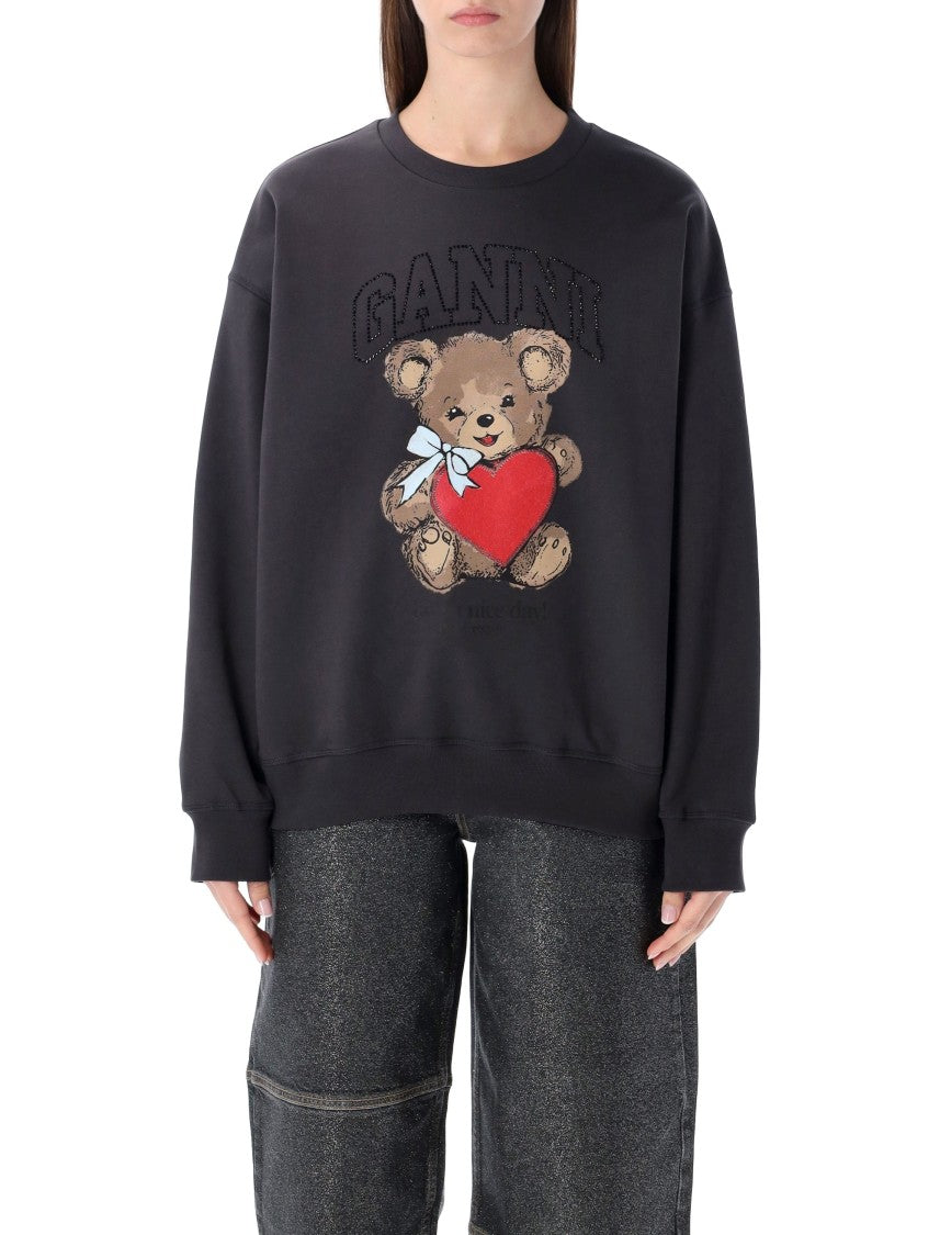 Ganni Oversized Rhinestone Bear Cotton Sweatshirt