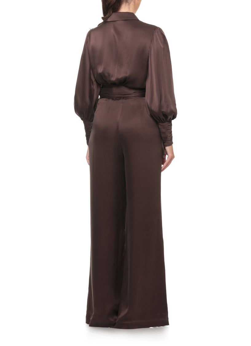 Zimmermann Brown Gathered Lace-Trim Silk Blouse