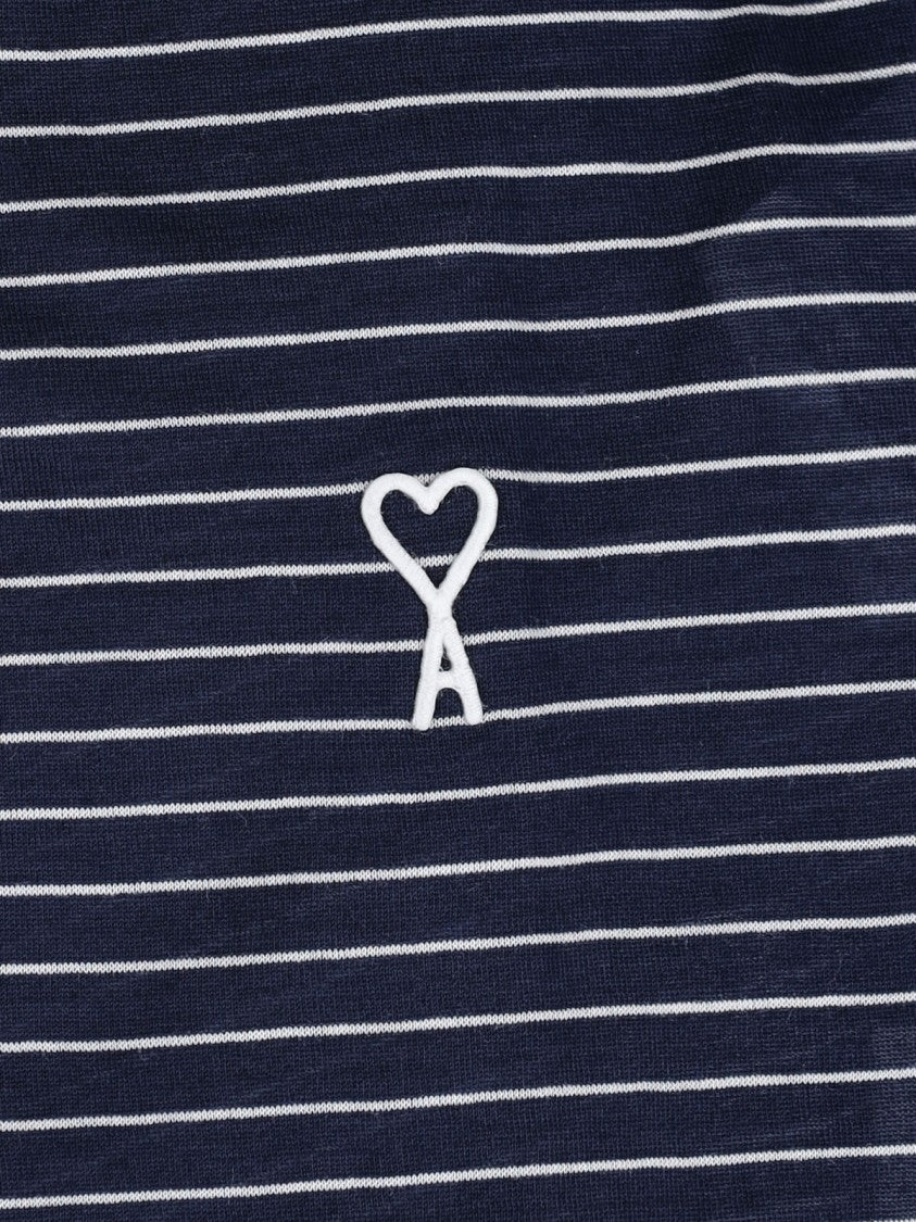 Ami Paris Navy Blue Striped Logo Cotton T-Shirt