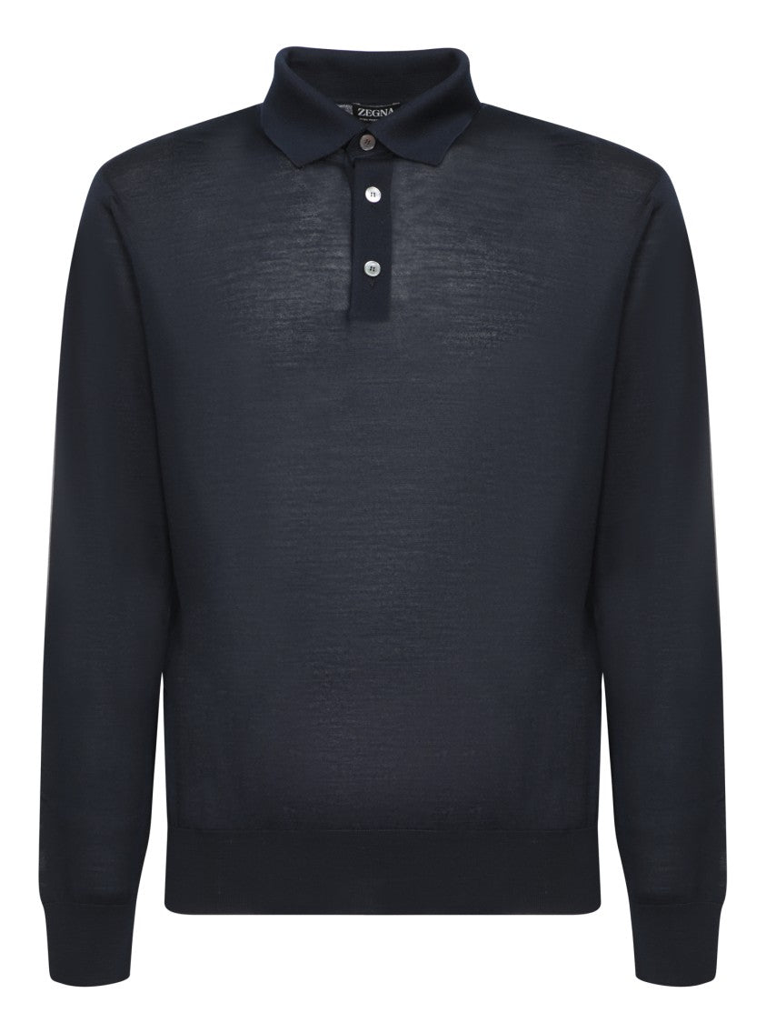 Zegna Blue Wool Long Sleeve Polo