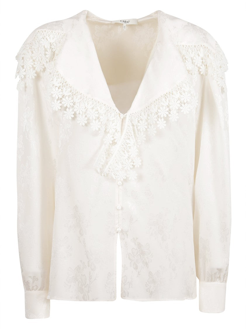 Chloé White Silk Jacquard Shirt With Floral Lace