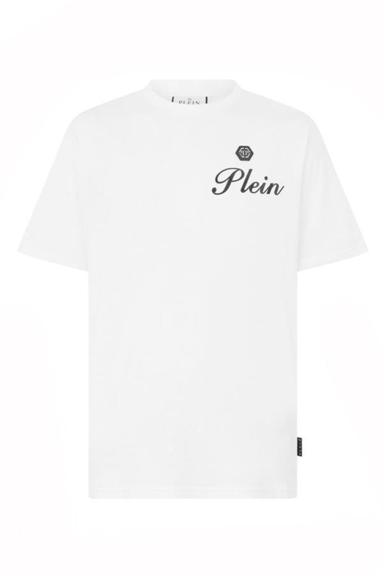 Philipp Plein White Hexagon Logo Embossed Script Cotton T-Shirt