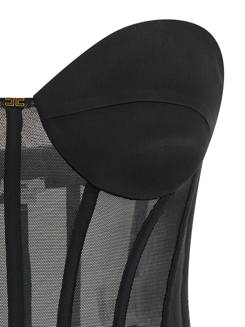 Elisabetta Franchi Structured Off-The-Shoulder Black Bustier Top With Satin Accents