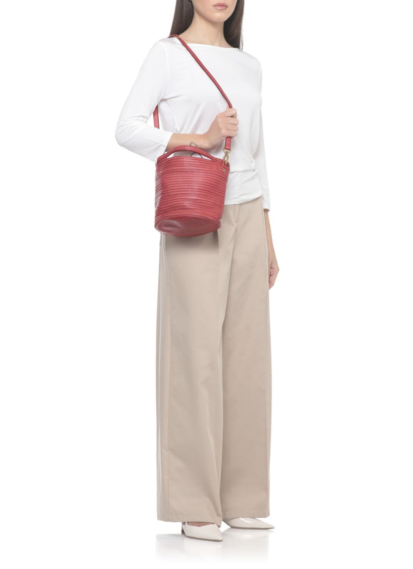 Majo Textured Red Leather Shoulder Bag With Drawstring Fastening