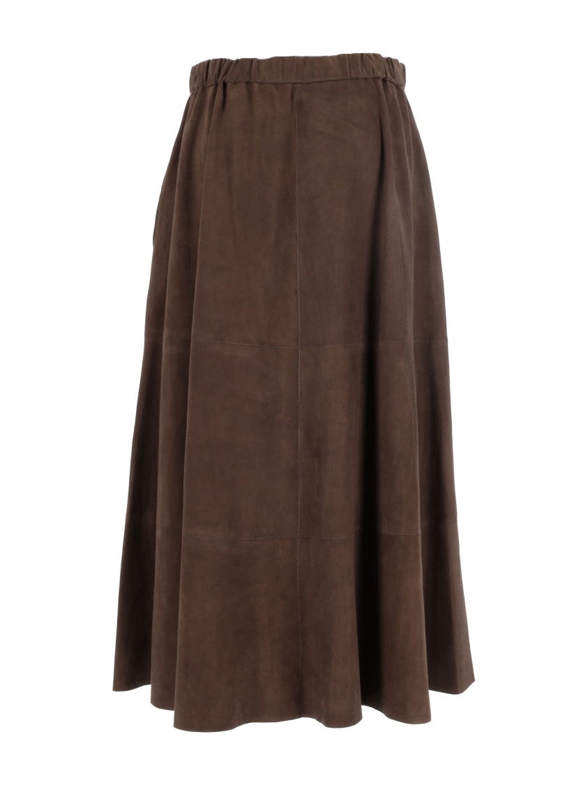 Antonelli Firenze Brown Flared Paneled Leather Midi Skirt