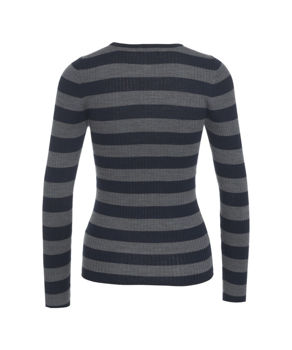 Majestic Filatures Ribbed Knit Pullover With Classic Round Neckline In Subtle Grey Stripes