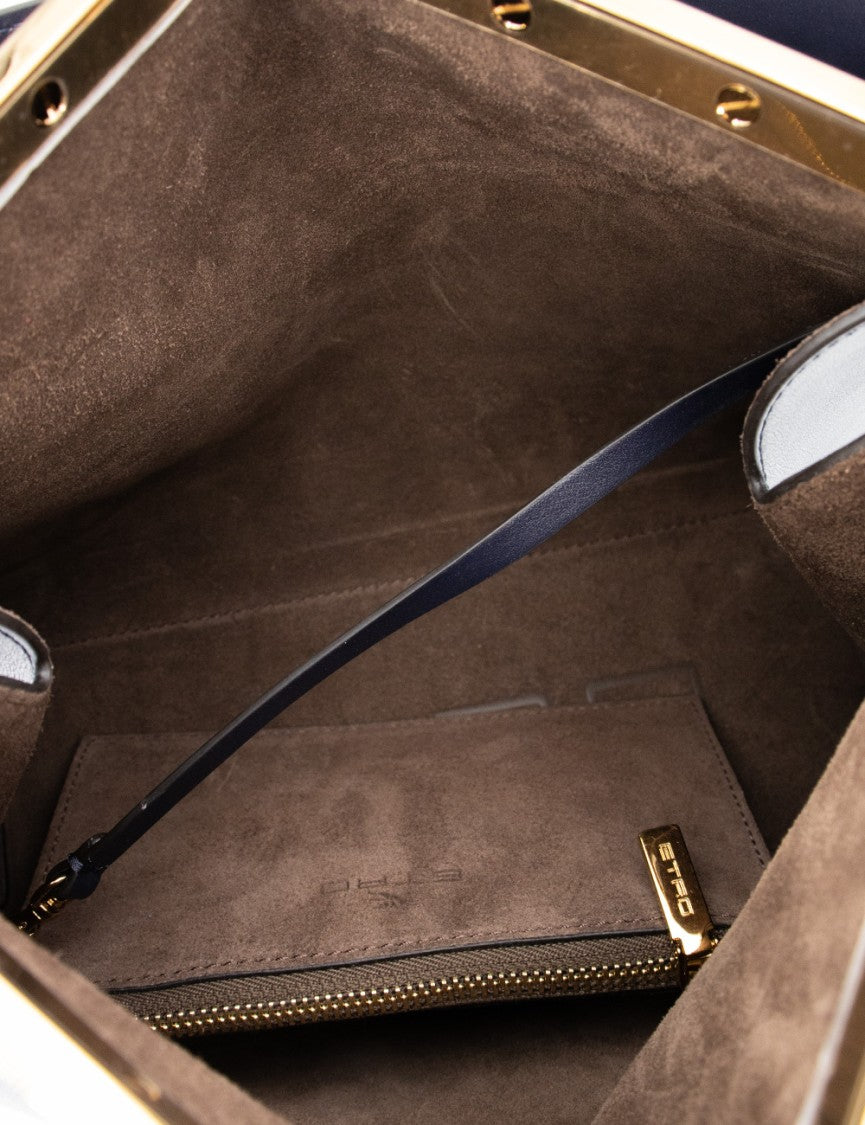 Etro Blue Leather Handbag With Iconic Medallion