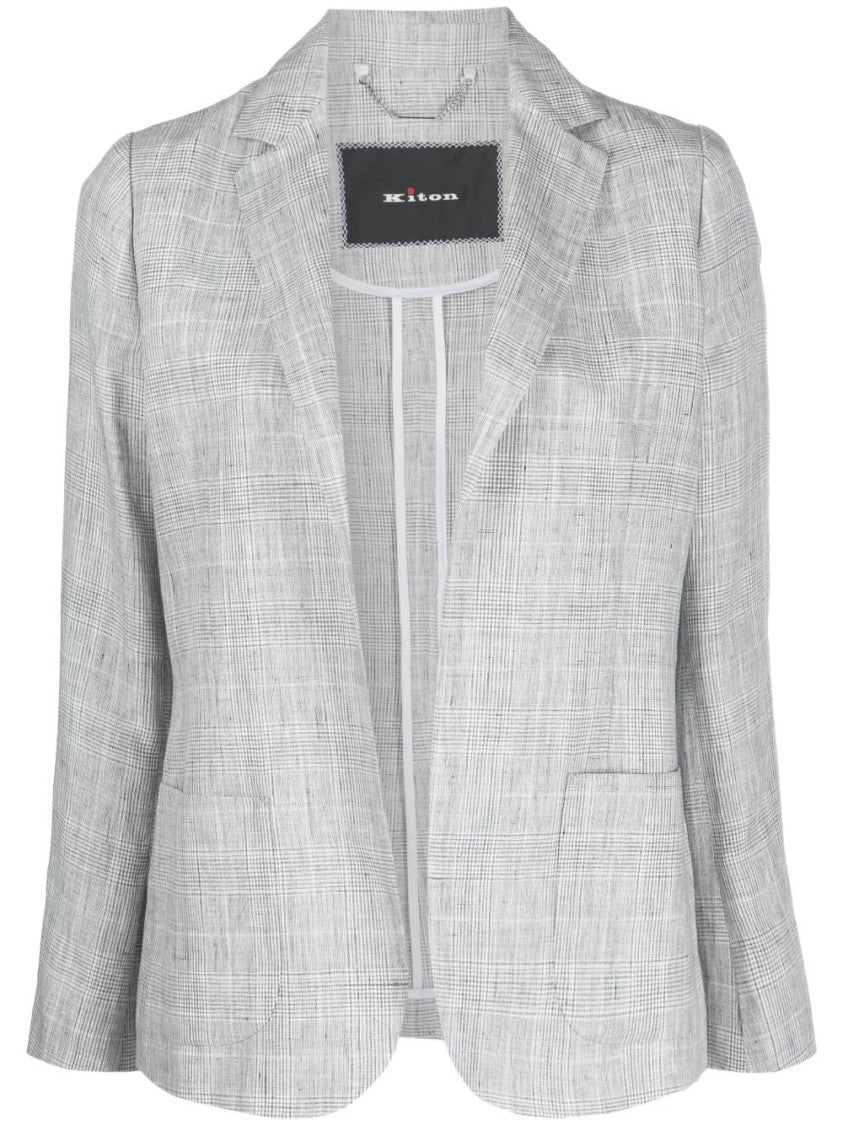 Kiton Tailored Grey Check Linen Blazer With Notched Lapel